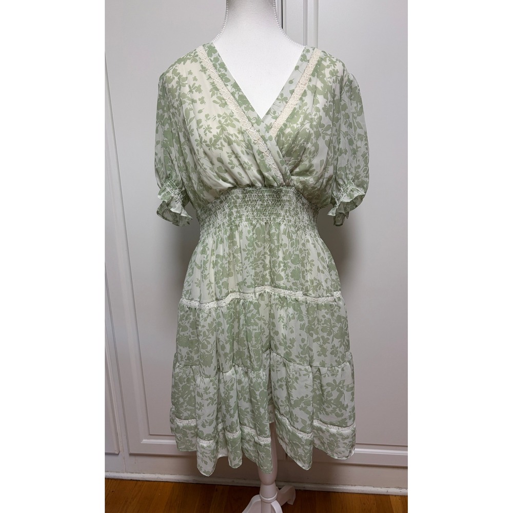 Taylor Sage Green Floral Chiffon Smocked Waist Lace Trim Tiered Midi Dress 10